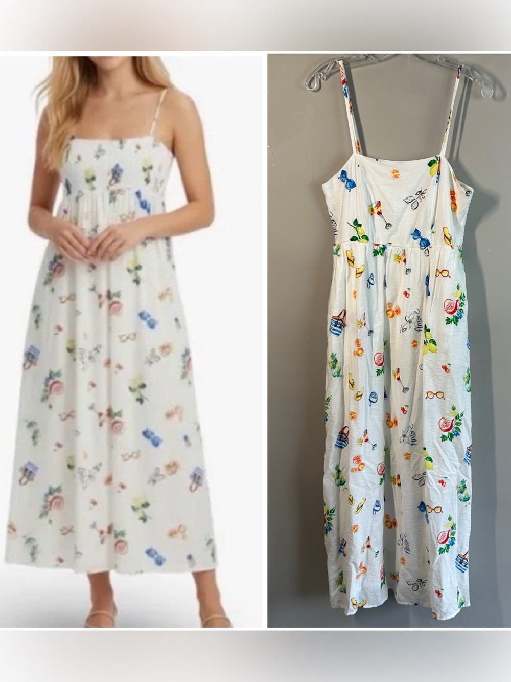 Rachel Zoe White Summer Print Midi Dress Fruit  Sundress Smocked Back Size 10
